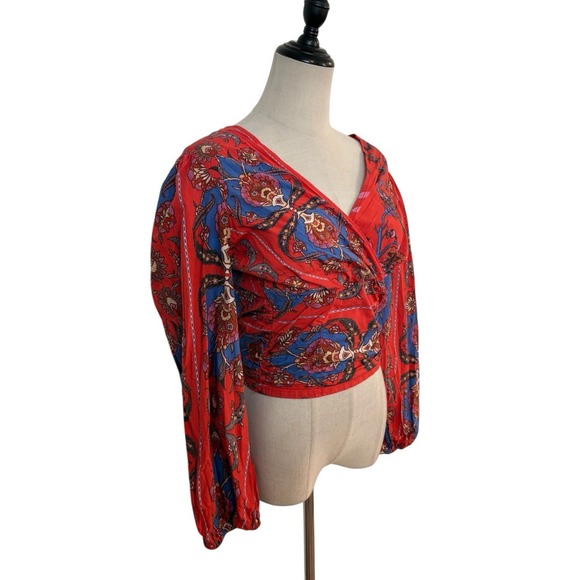 Floral Wrap Peasent Red Crop Top Open Back Tie Boho Cottagecore Sz Xs Festival - Picture 3 of 7